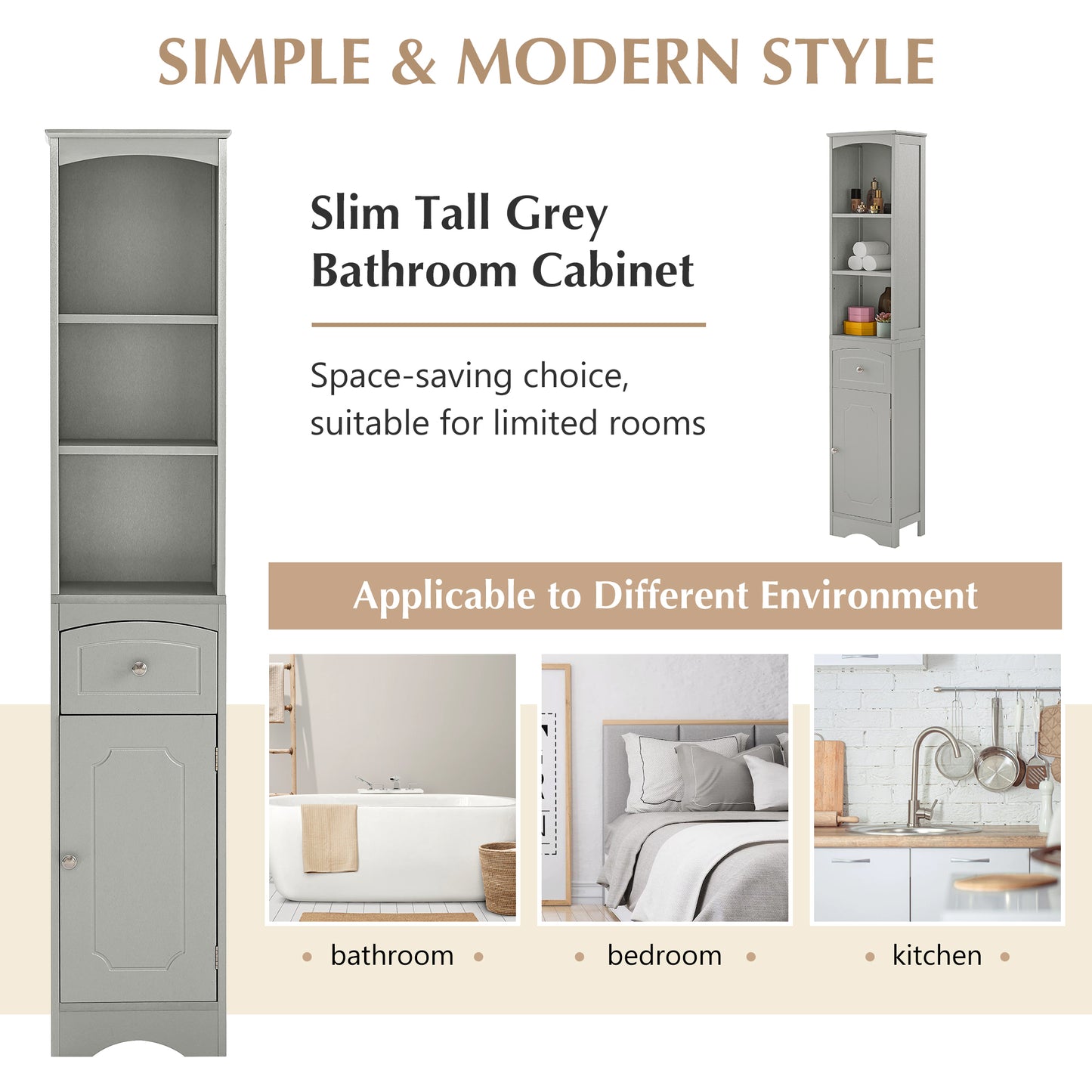 Tall Bathroom Cabinet - Freestanding Storage Unit with Drawer, Adjustable Shelf, MDF Board, Stylish Grey Finish for Organized Storage