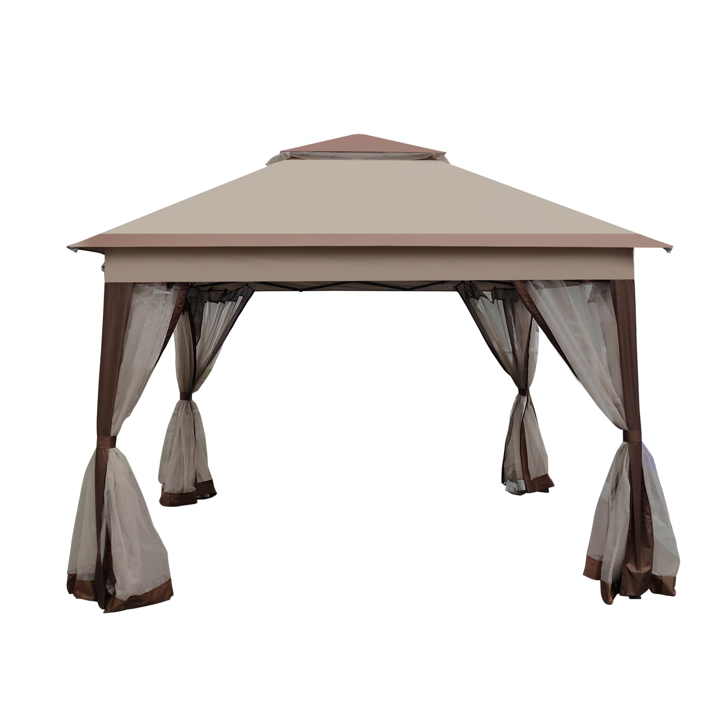 Outdoor 11x11 Ft Pop Up Gazebo Canopy with Zipper Netting, 2-Tier Soft Top Tent for Patio, Backyard, Garden & Camping - Coffee Color