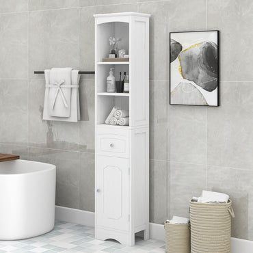 Tall Bathroom Cabinet, Freestanding Storage Unit with Drawer, MDF, Adjustable Shelf, Stylish White Storage Solution for Organized Bathroom