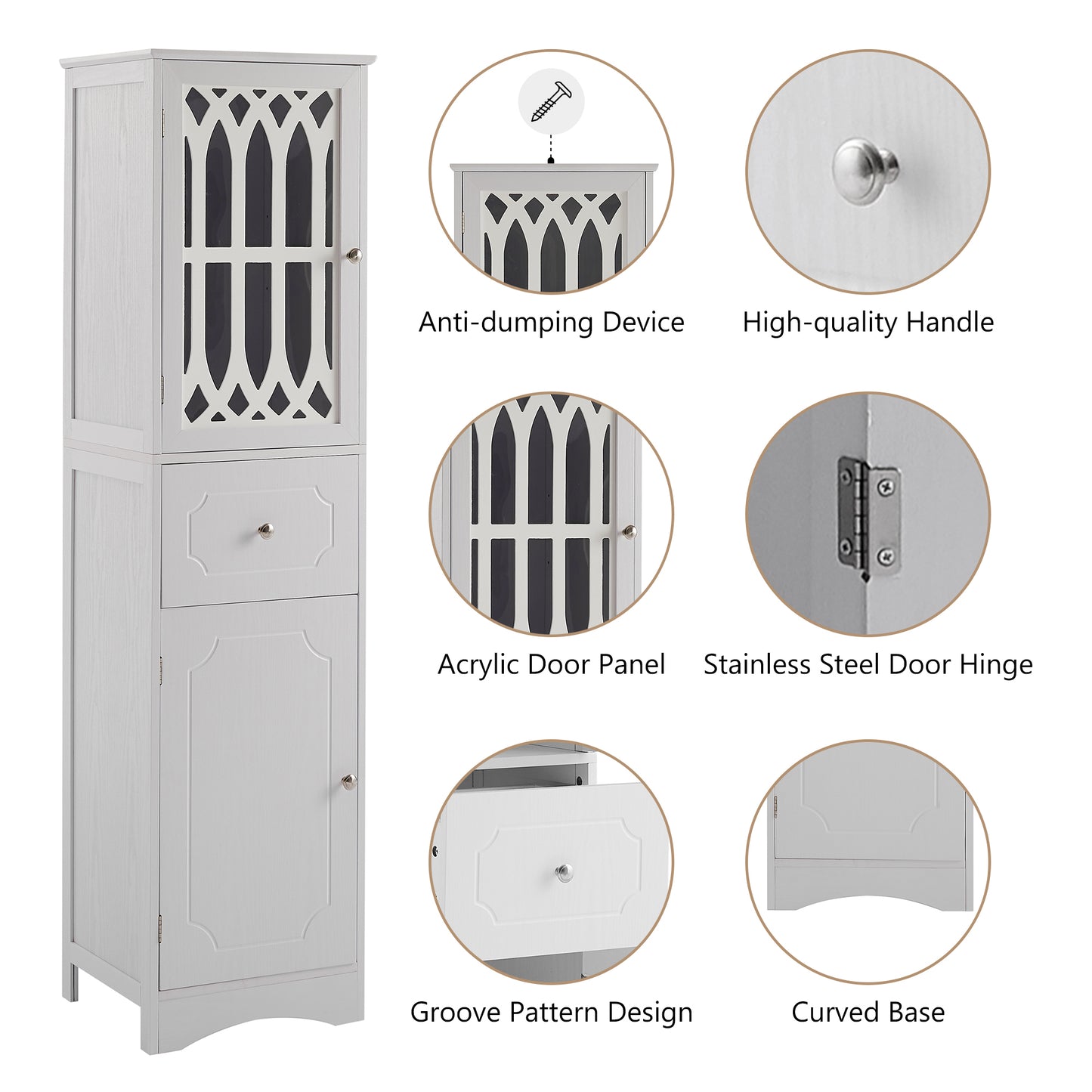 Freestanding Tall Bathroom Storage Cabinet with Drawer & Doors, MDF with Acrylic Door, Adjustable Shelf, White Finish