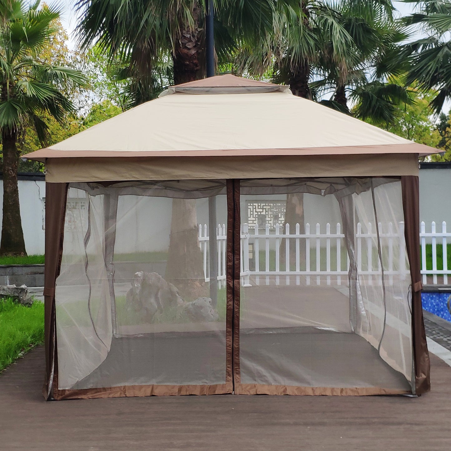 Outdoor 11x11 Ft Pop Up Gazebo Canopy with Zipper Netting, 2-Tier Soft Top Tent for Patio, Backyard, Garden & Camping - Coffee Color