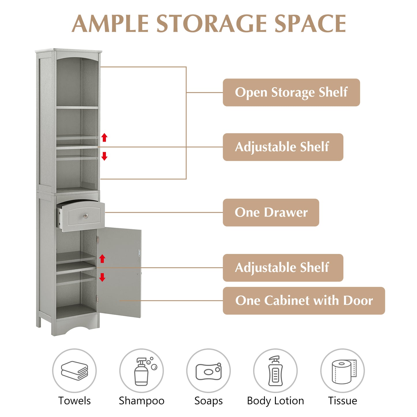 Tall Bathroom Cabinet - Freestanding Storage Unit with Drawer, Adjustable Shelf, MDF Board, Stylish Grey Finish for Organized Storage