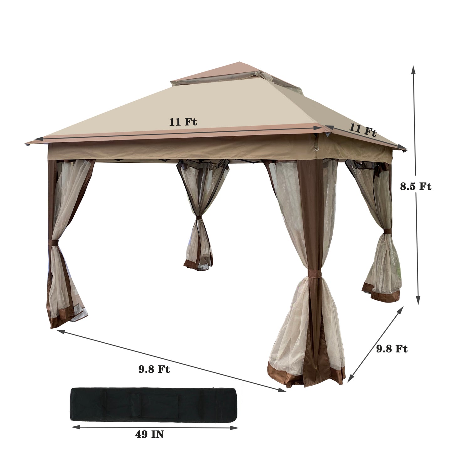 Outdoor 11x11 Ft Pop Up Gazebo Canopy with Zipper Netting, 2-Tier Soft Top Tent for Patio, Backyard, Garden & Camping - Coffee Color