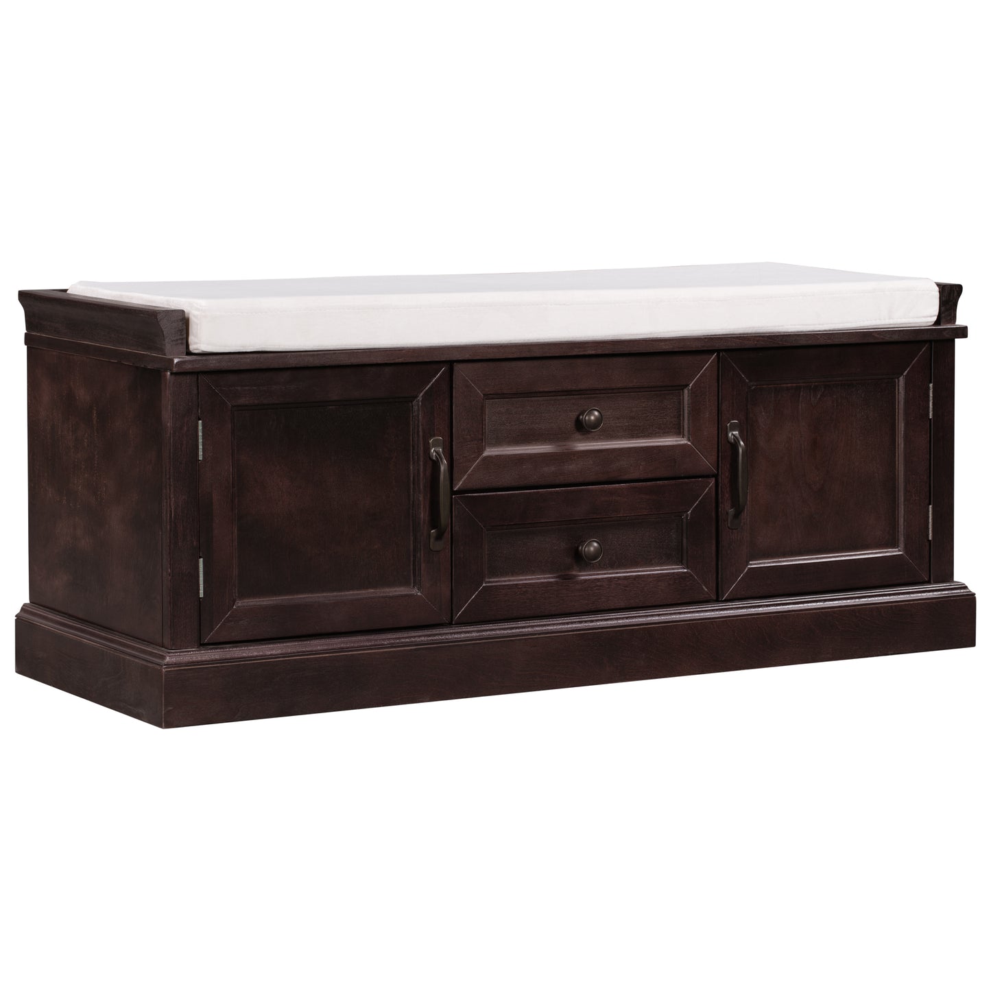 Storage Bench with 2 Drawers & 2 Cabinets, Shoe Storage with Removable Cushion for Entryway & Living Room, Espresso Finish