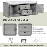 Storage Bench with 2 Drawers & 2 Cabinets, Shoe Organizer with Removable Cushion for Living Room & Entryway, Gray Wash Finish