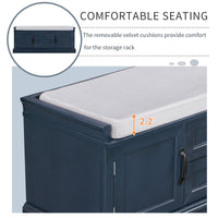 Storage Bench with 2 Drawers & 2 Cabinets, Shoe Bench with Removable Cushion for Living Room & Entryway, Antique Navy Finish
