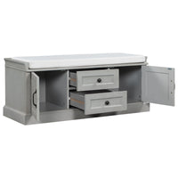 Storage Bench with 2 Drawers & 2 Cabinets, Shoe Organizer with Removable Cushion for Living Room & Entryway, Gray Wash Finish