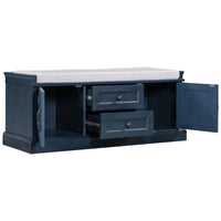 Storage Bench with 2 Drawers & 2 Cabinets, Shoe Bench with Removable Cushion for Living Room & Entryway, Antique Navy Finish