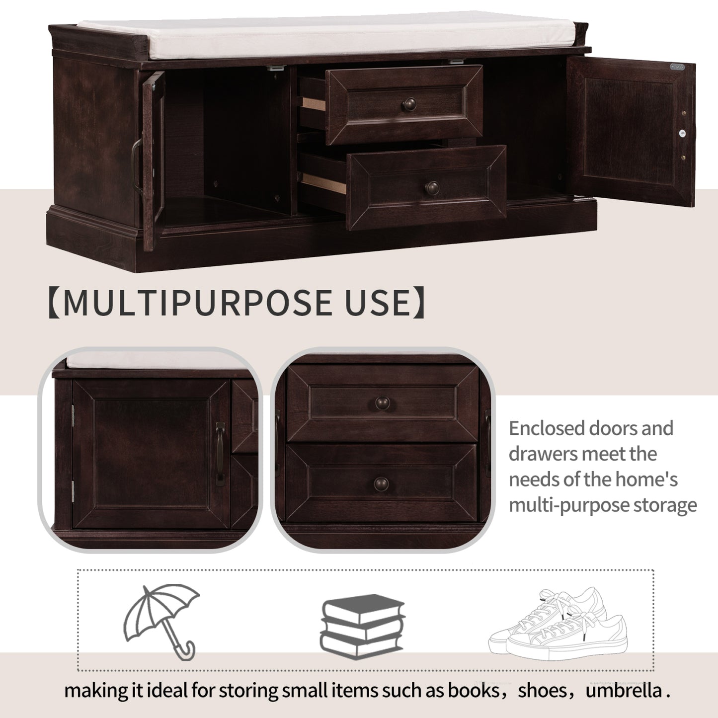 Storage Bench with 2 Drawers & 2 Cabinets, Shoe Storage with Removable Cushion for Entryway & Living Room, Espresso Finish