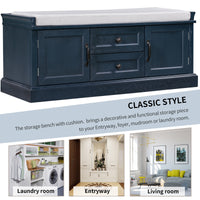 Storage Bench with 2 Drawers & 2 Cabinets, Shoe Bench with Removable Cushion for Living Room & Entryway, Antique Navy Finish
