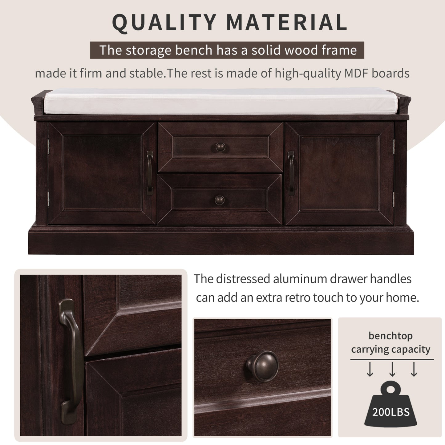 Storage Bench with 2 Drawers & 2 Cabinets, Shoe Storage with Removable Cushion for Entryway & Living Room, Espresso Finish