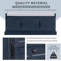 Storage Bench with 2 Drawers & 2 Cabinets, Shoe Bench with Removable Cushion for Living Room & Entryway, Antique Navy Finish