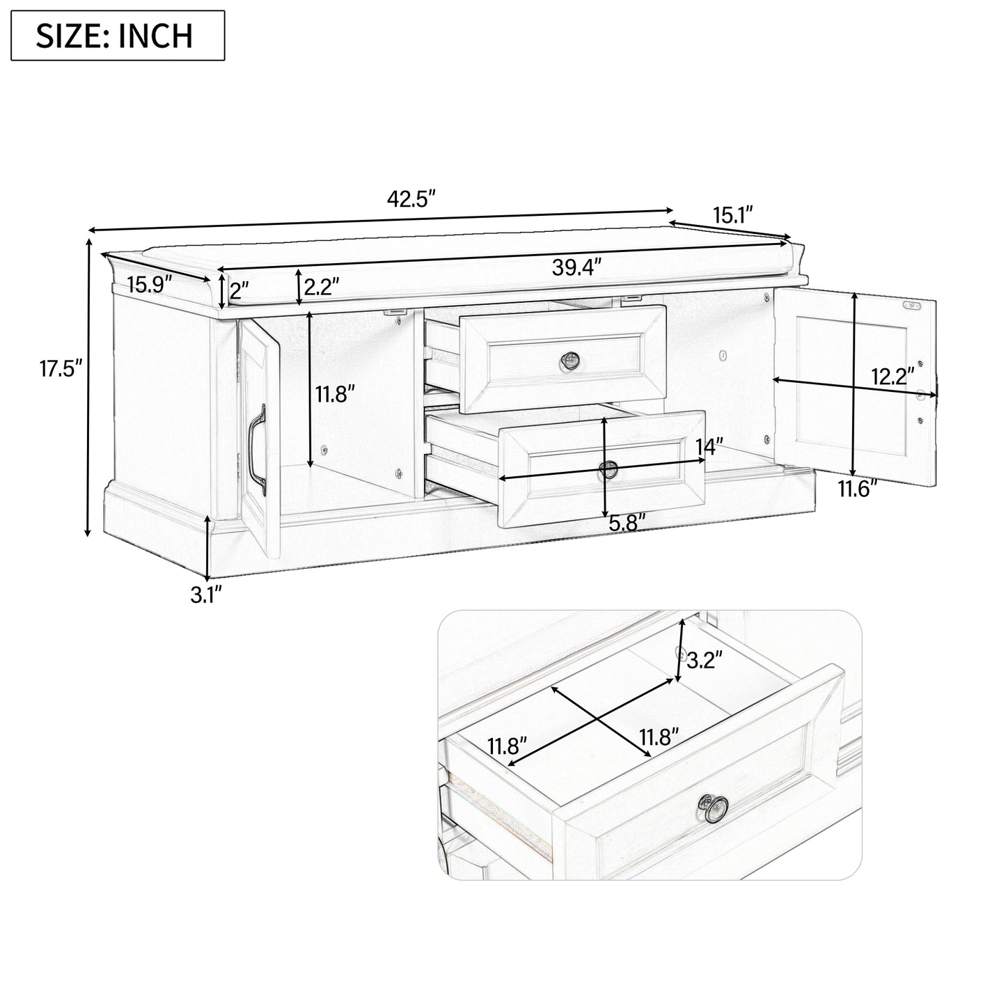 Storage Bench with 2 Drawers & 2 Cabinets, Shoe Organizer with Removable Cushion for Living Room & Entryway, Gray Wash Finish