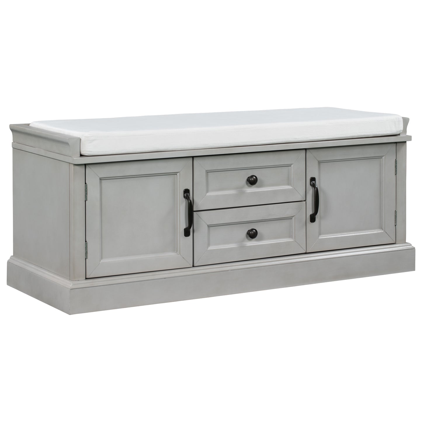 Storage Bench with 2 Drawers & 2 Cabinets, Shoe Organizer with Removable Cushion for Living Room & Entryway, Gray Wash Finish