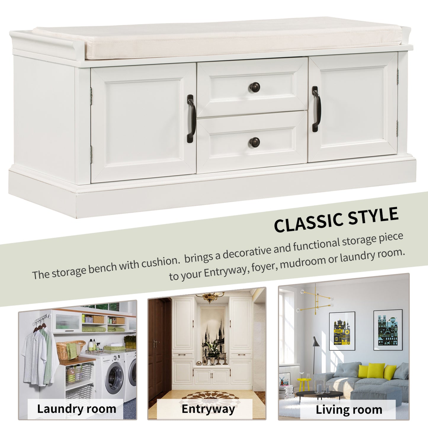 Storage Bench with 2 Drawers and Cabinets, Shoe Bench with Removable Cushion for Living Room Entryway, White