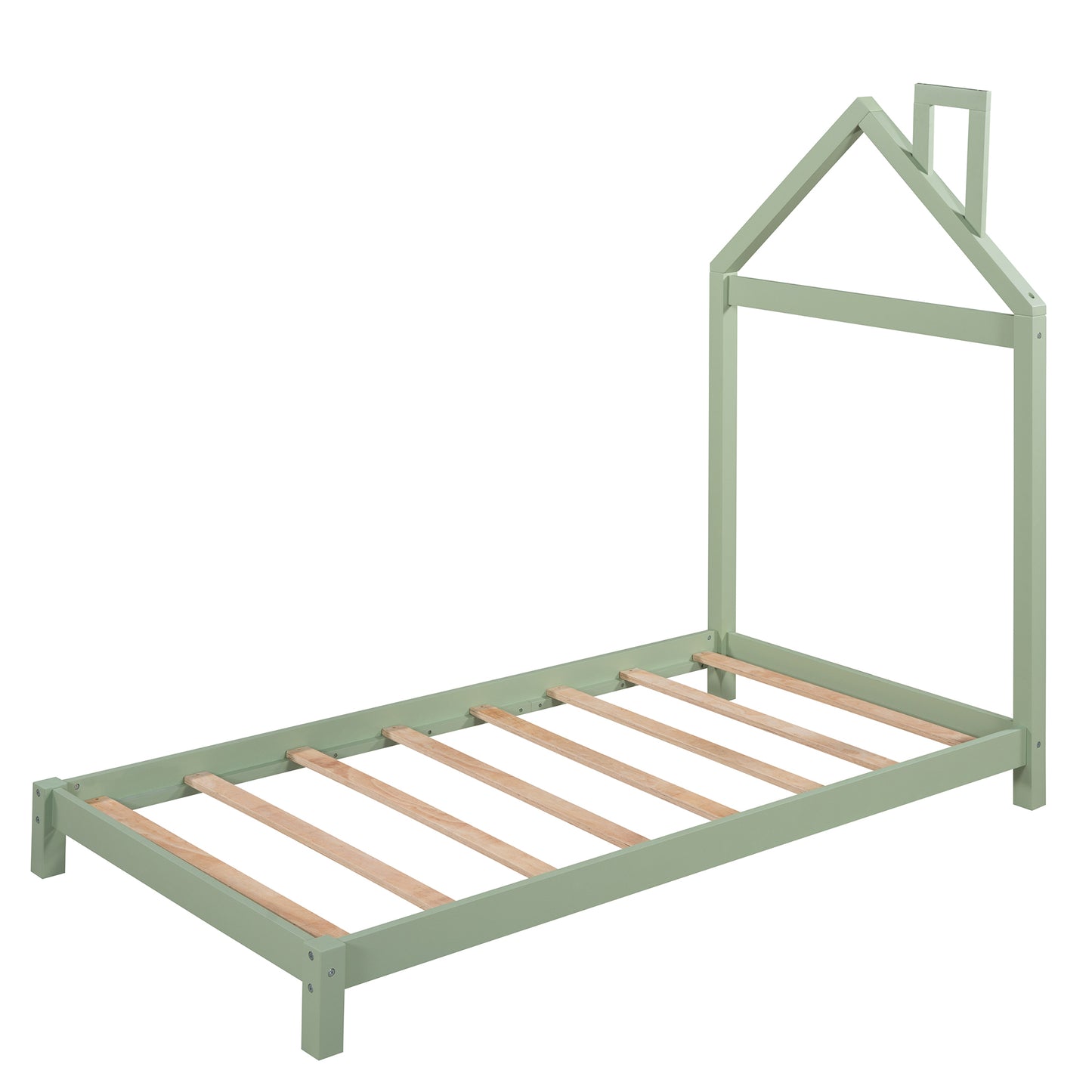 Twin Size Wood Platform Bed with House-shaped Headboard, Green Finish, Sturdy Frame, Ideal for Kids' Rooms, Stylish & Functional Design