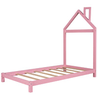 Twin Size Wood Platform Bed with House-Shaped Headboard - Stylish Pink Design for Kids' Rooms, Space-Saving and Sturdy Construction