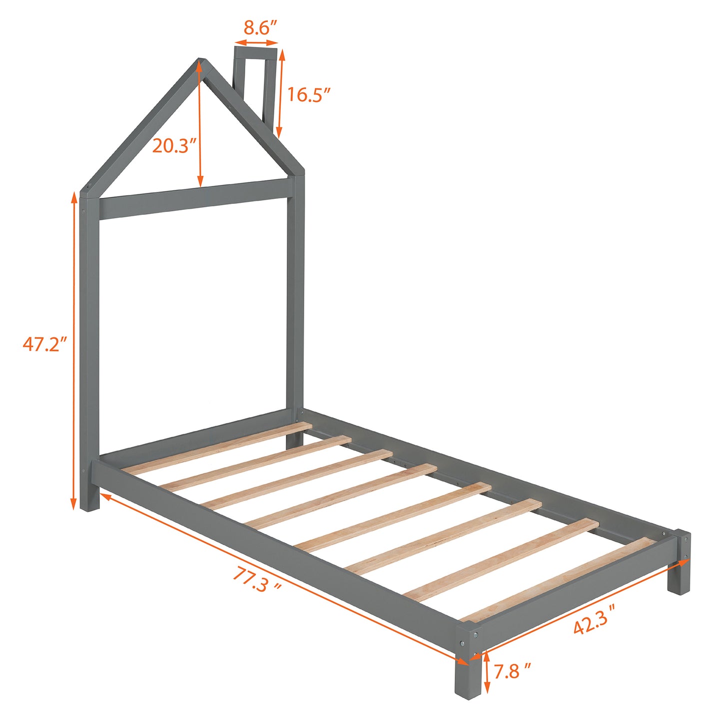 Gray Twin Size Wood Platform Bed with House-Shaped Headboard - Stylish, Space-Saving Design for Kids and Teens