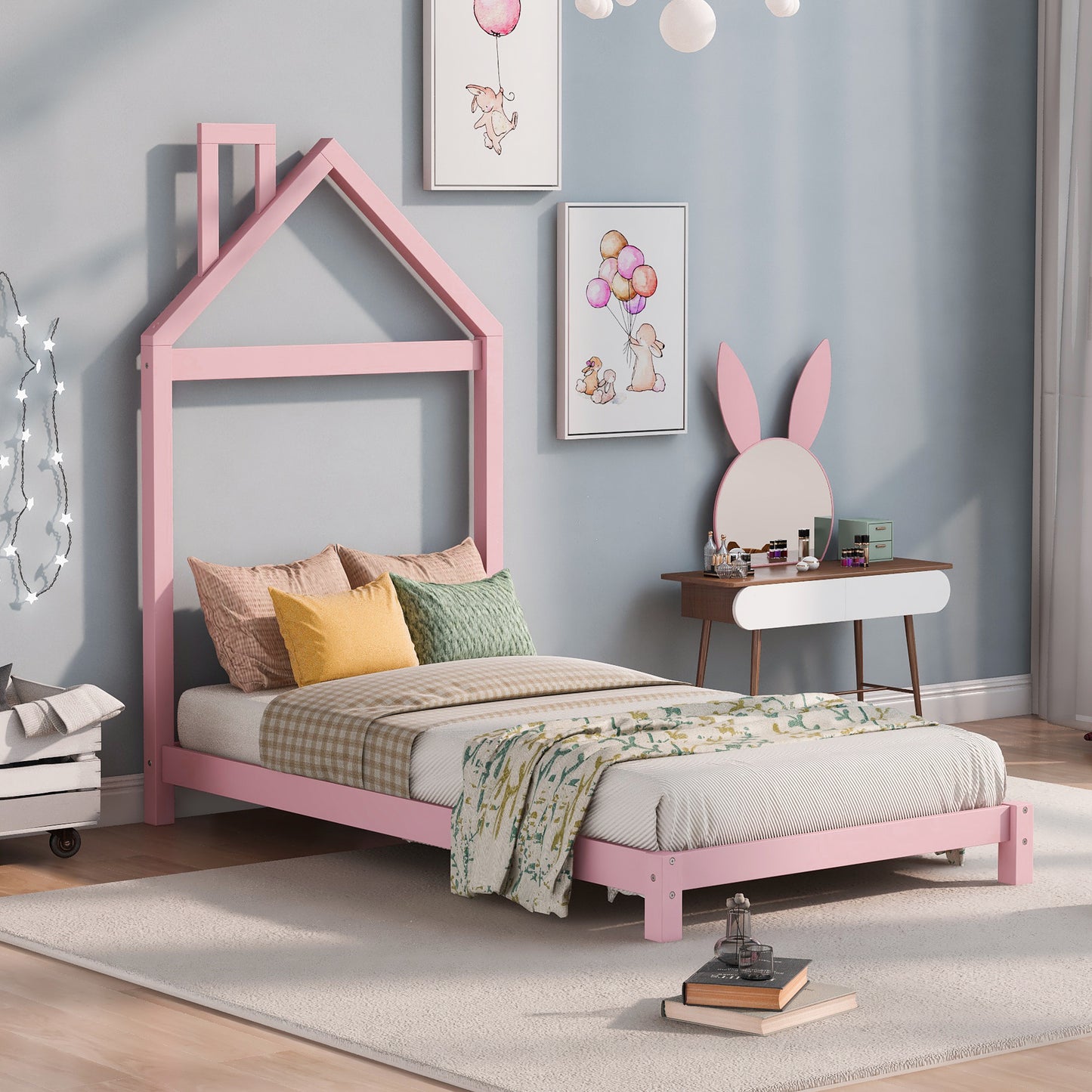 Twin Size Wood Platform Bed with House-Shaped Headboard - Stylish Pink Design for Kids' Rooms, Space-Saving and Sturdy Construction