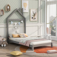 Gray Twin Size Wood Platform Bed with House-Shaped Headboard - Stylish, Space-Saving Design for Kids and Teens