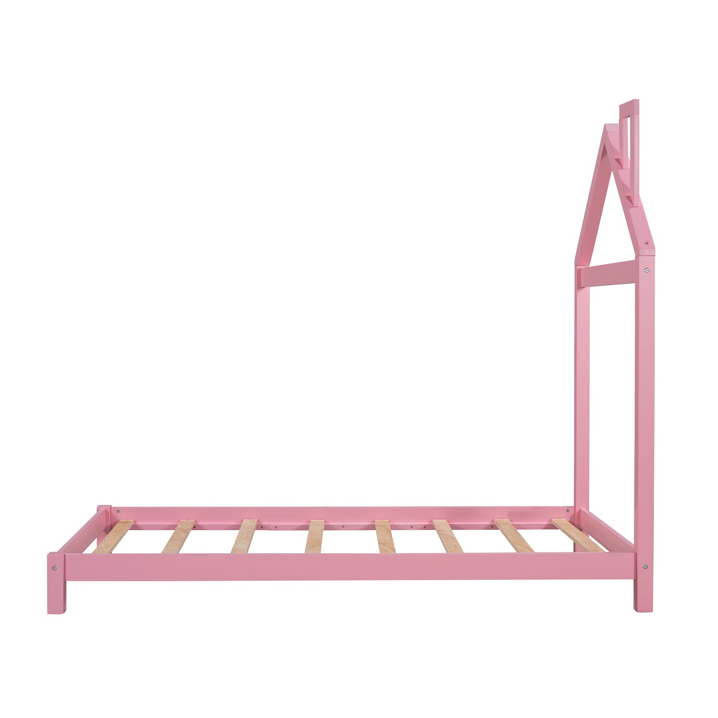 Twin Size Wood Platform Bed with House-Shaped Headboard - Stylish Pink Design for Kids' Rooms, Space-Saving and Sturdy Construction