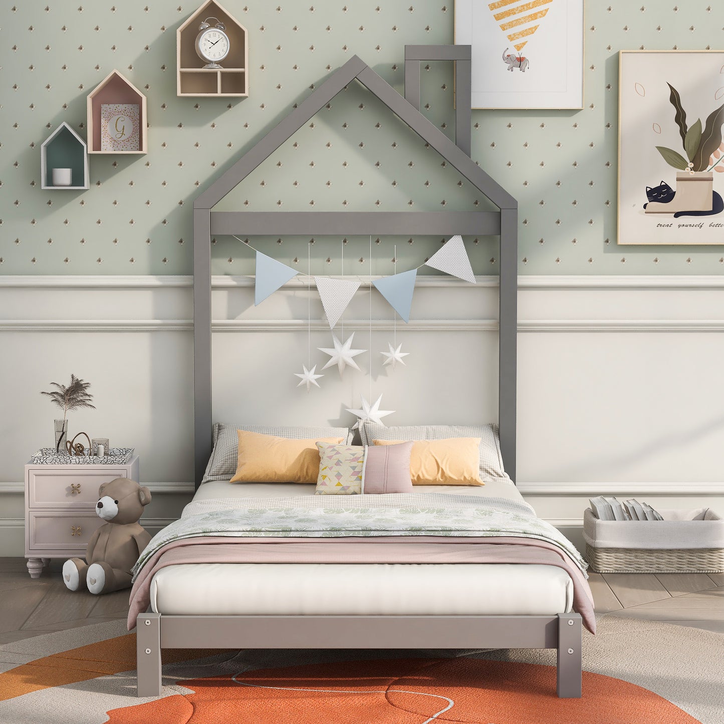 Gray Twin Size Wood Platform Bed with House-Shaped Headboard - Stylish, Space-Saving Design for Kids and Teens