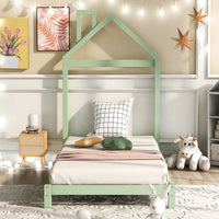 Twin Size Wood Platform Bed with House-shaped Headboard, Green Finish, Sturdy Frame, Ideal for Kids' Rooms, Stylish & Functional Design