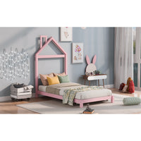 Twin Size Wood Platform Bed with House-Shaped Headboard - Stylish Pink Design for Kids' Rooms, Space-Saving and Sturdy Construction