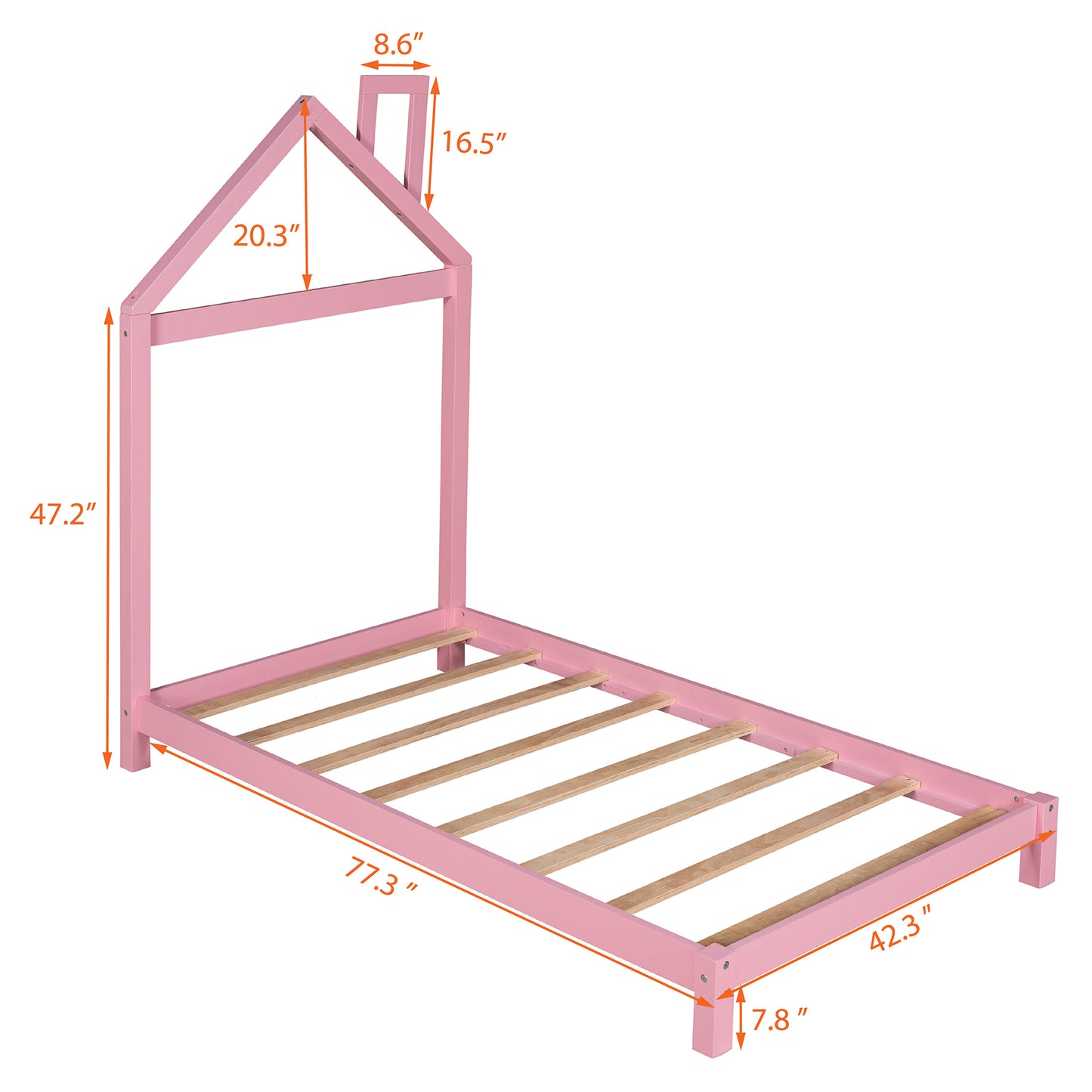 Twin Size Wood Platform Bed with House-Shaped Headboard - Stylish Pink Design for Kids' Rooms, Space-Saving and Sturdy Construction