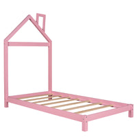 Twin Size Wood Platform Bed with House-Shaped Headboard - Stylish Pink Design for Kids' Rooms, Space-Saving and Sturdy Construction