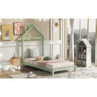 Twin Size Wood Platform Bed with House-shaped Headboard, Green Finish, Sturdy Frame, Ideal for Kids' Rooms, Stylish & Functional Design