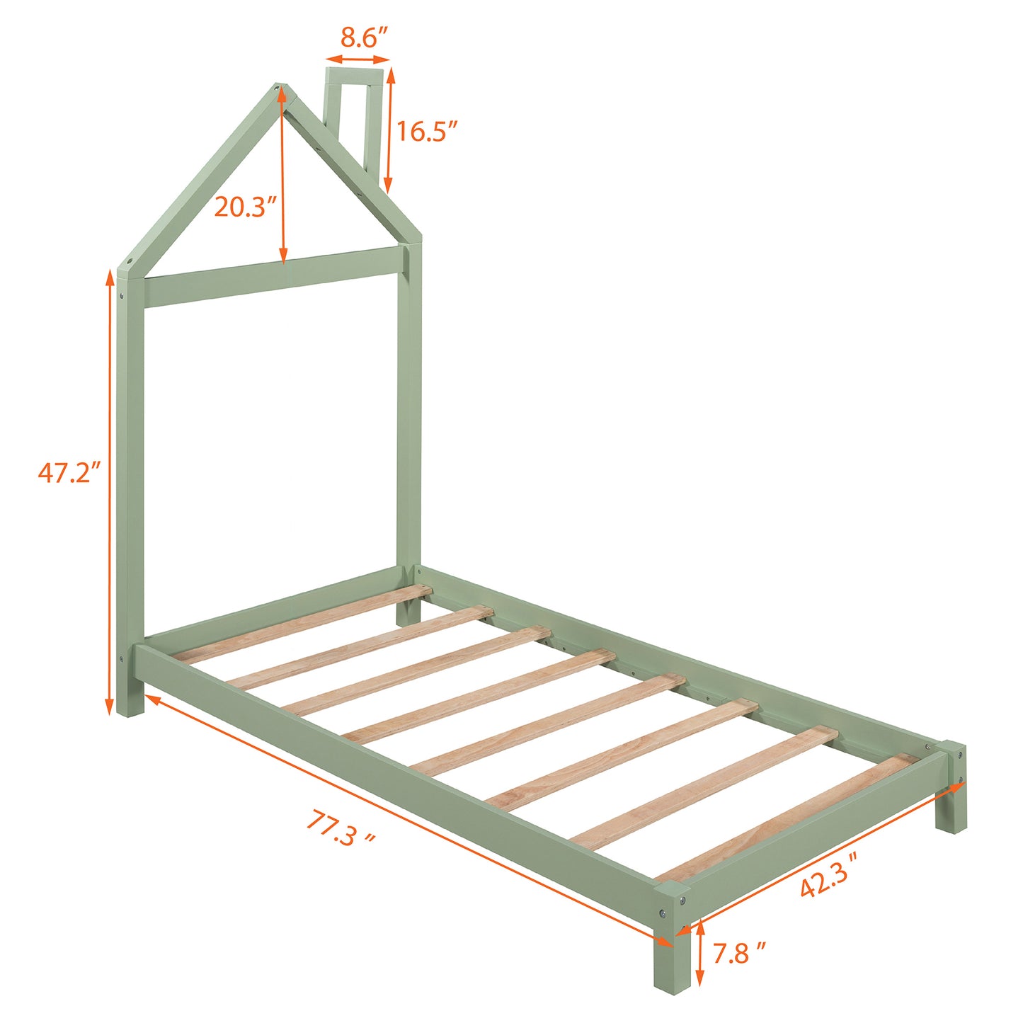 Twin Size Wood Platform Bed with House-shaped Headboard, Green Finish, Sturdy Frame, Ideal for Kids' Rooms, Stylish & Functional Design