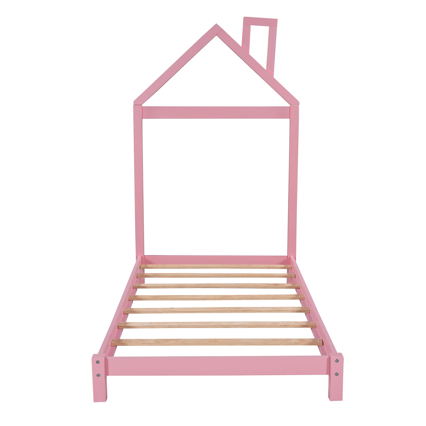 Twin Size Wood Platform Bed with House-Shaped Headboard - Stylish Pink Design for Kids' Rooms, Space-Saving and Sturdy Construction