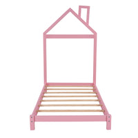 Twin Size Wood Platform Bed with House-Shaped Headboard - Stylish Pink Design for Kids' Rooms, Space-Saving and Sturdy Construction