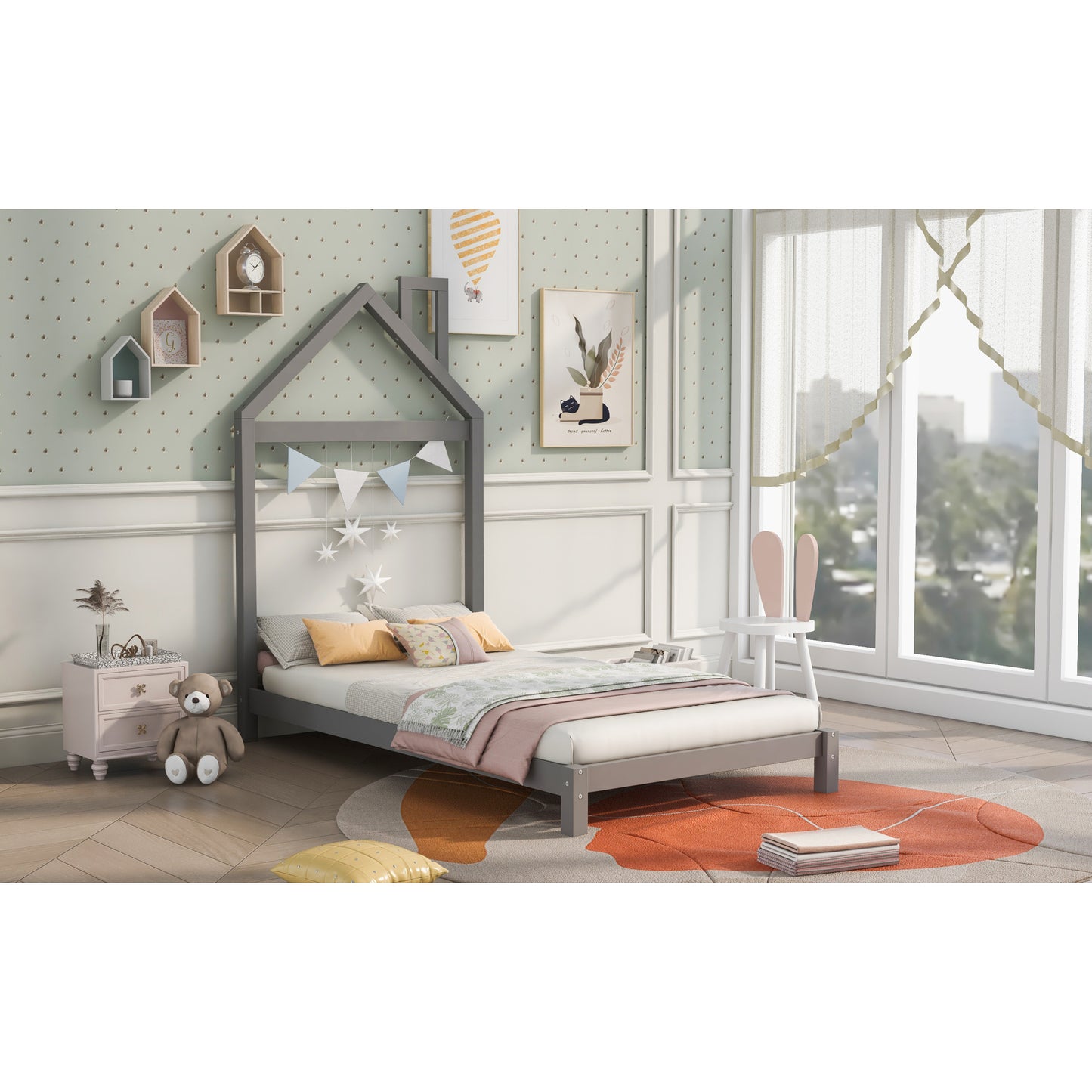 Gray Twin Size Wood Platform Bed with House-Shaped Headboard - Stylish, Space-Saving Design for Kids and Teens