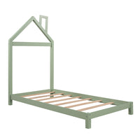 Twin Size Wood Platform Bed with House-shaped Headboard, Green Finish, Sturdy Frame, Ideal for Kids' Rooms, Stylish & Functional Design