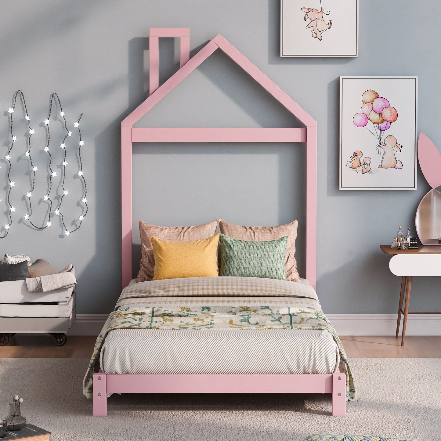 Twin Size Wood Platform Bed with House-Shaped Headboard - Stylish Pink Design for Kids' Rooms, Space-Saving and Sturdy Construction