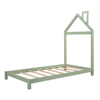 Twin Size Wood Platform Bed with House-shaped Headboard, Green Finish, Sturdy Frame, Ideal for Kids' Rooms, Stylish & Functional Design