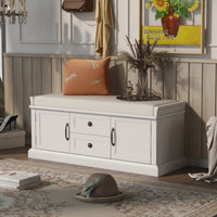 Storage Bench with 2 Drawers and Cabinets, Shoe Bench with Removable Cushion for Living Room Entryway, White