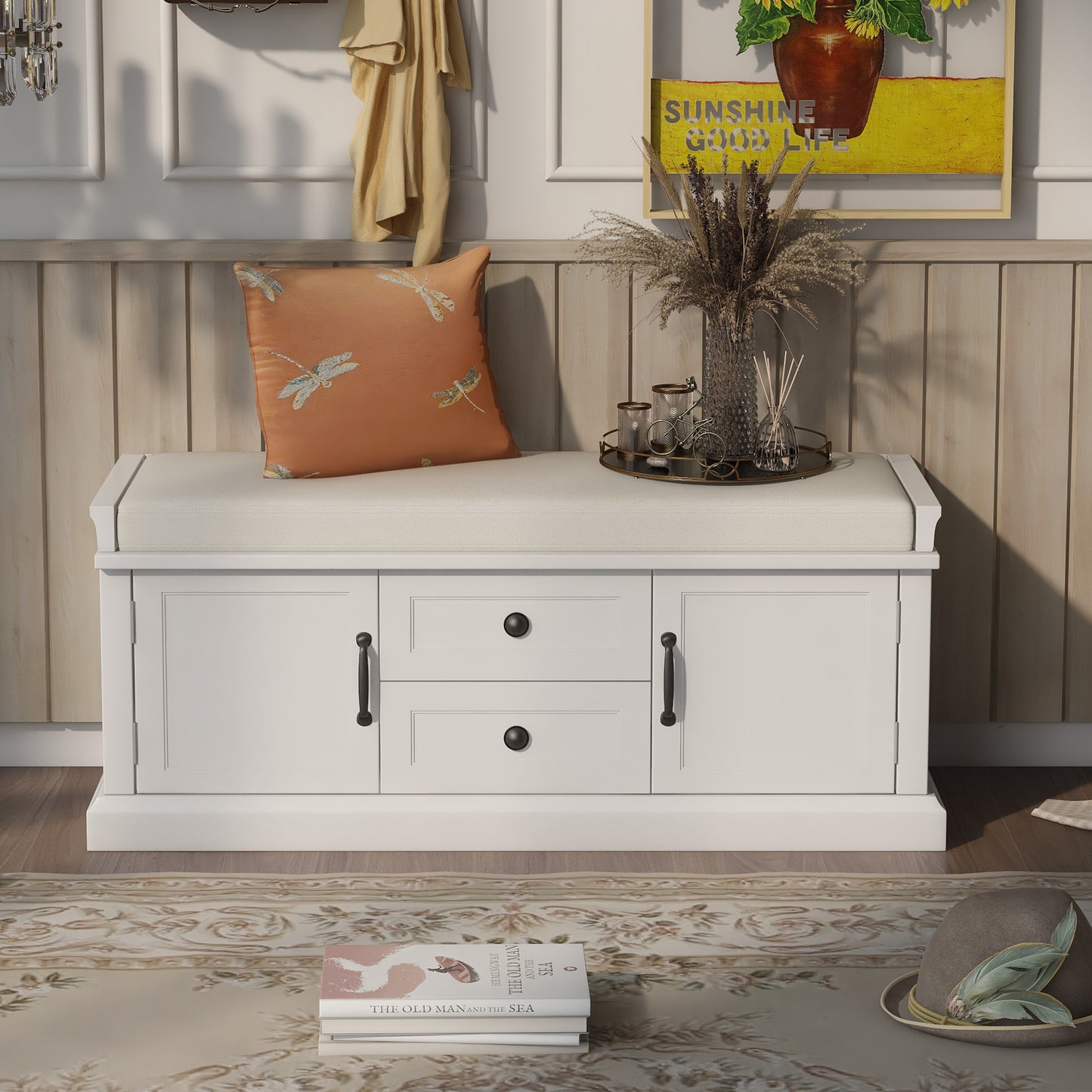 Storage Bench with 2 Drawers and Cabinets, Shoe Bench with Removable Cushion for Living Room Entryway, White