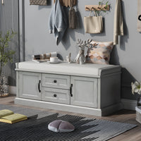 Storage Bench with 2 Drawers & 2 Cabinets, Shoe Organizer with Removable Cushion for Living Room & Entryway, Gray Wash Finish