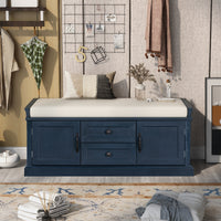 Storage Bench with 2 Drawers & 2 Cabinets, Shoe Bench with Removable Cushion for Living Room & Entryway, Antique Navy Finish