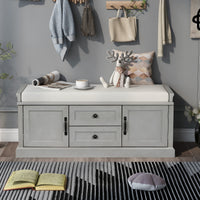 Storage Bench with 2 Drawers & 2 Cabinets, Shoe Organizer with Removable Cushion for Living Room & Entryway, Gray Wash Finish