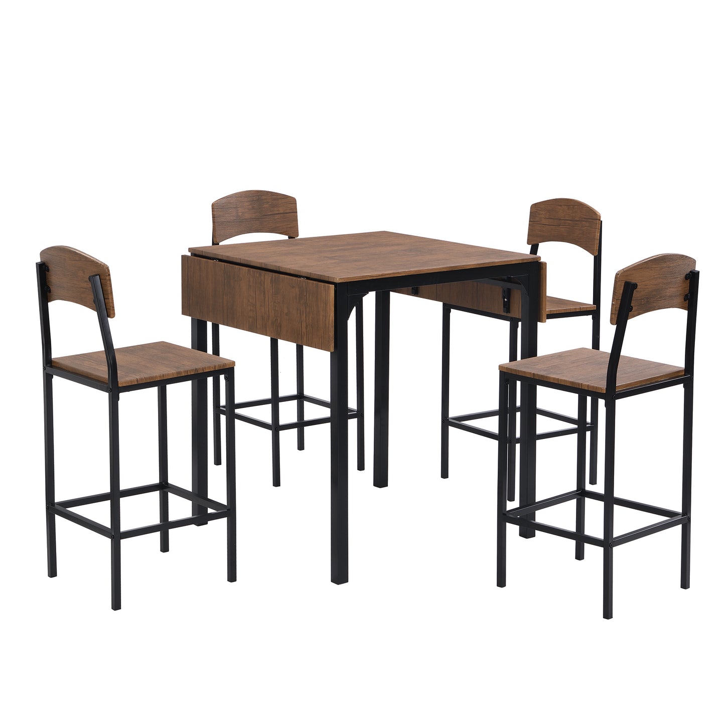 Farmhouse 5-Piece Counter Height Drop Leaf Dining Table Set with 4 Chairs, Black Frame & Brown Top, Perfect for Kitchen or Dining Room