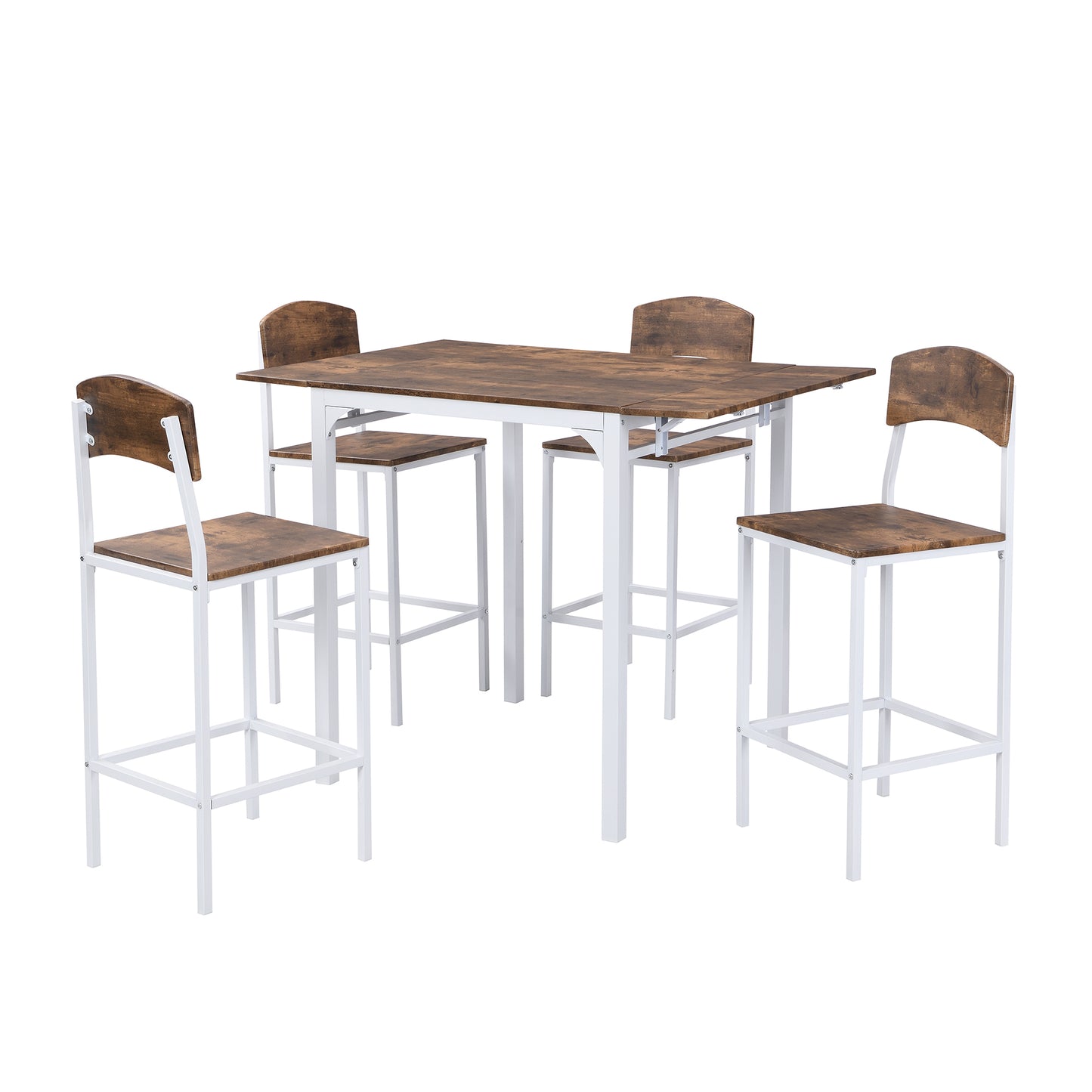 Farmhouse 5-Piece Counter Height Drop Leaf Dining Table Set with Chairs for 4 – White Frame & Rustic Brown Top