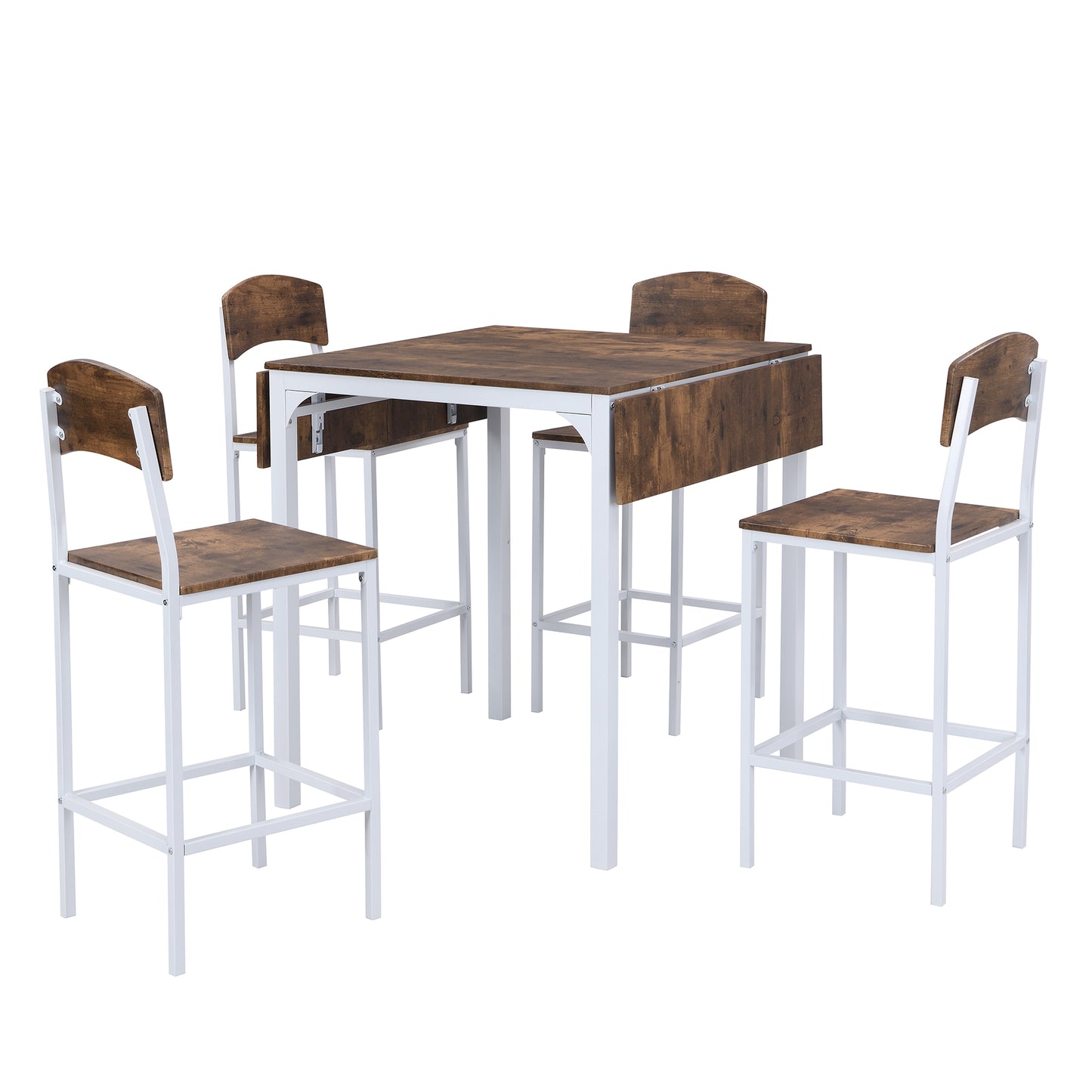 Farmhouse 5-Piece Counter Height Drop Leaf Dining Table Set with Chairs for 4 – White Frame & Rustic Brown Top