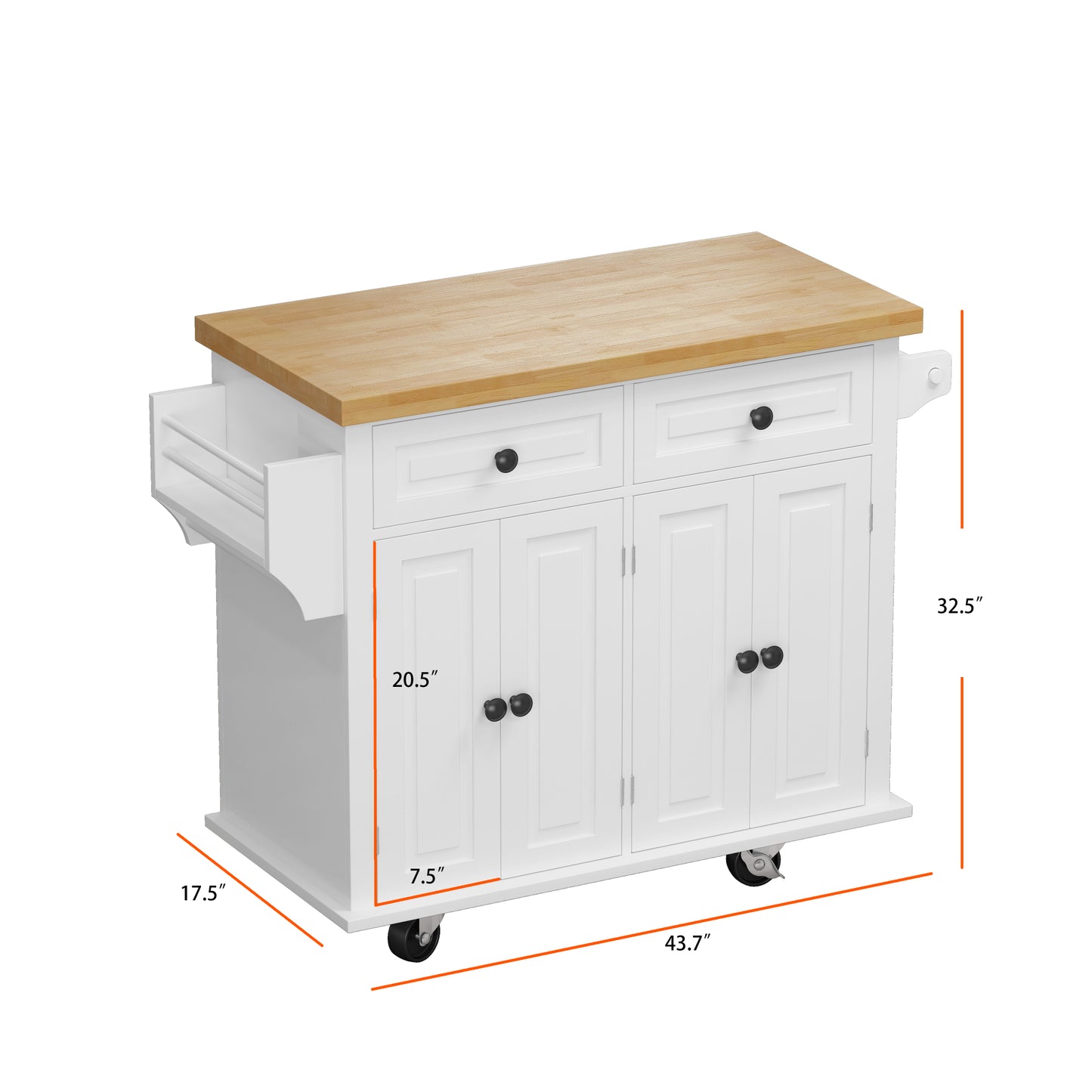 Kitchen Island Cart With Two Storage Cabinets And Two Locking Wheels,43.31 Inch Width,4 Door Cabinet And Two Drawers,Spice Rack, Towel Rack