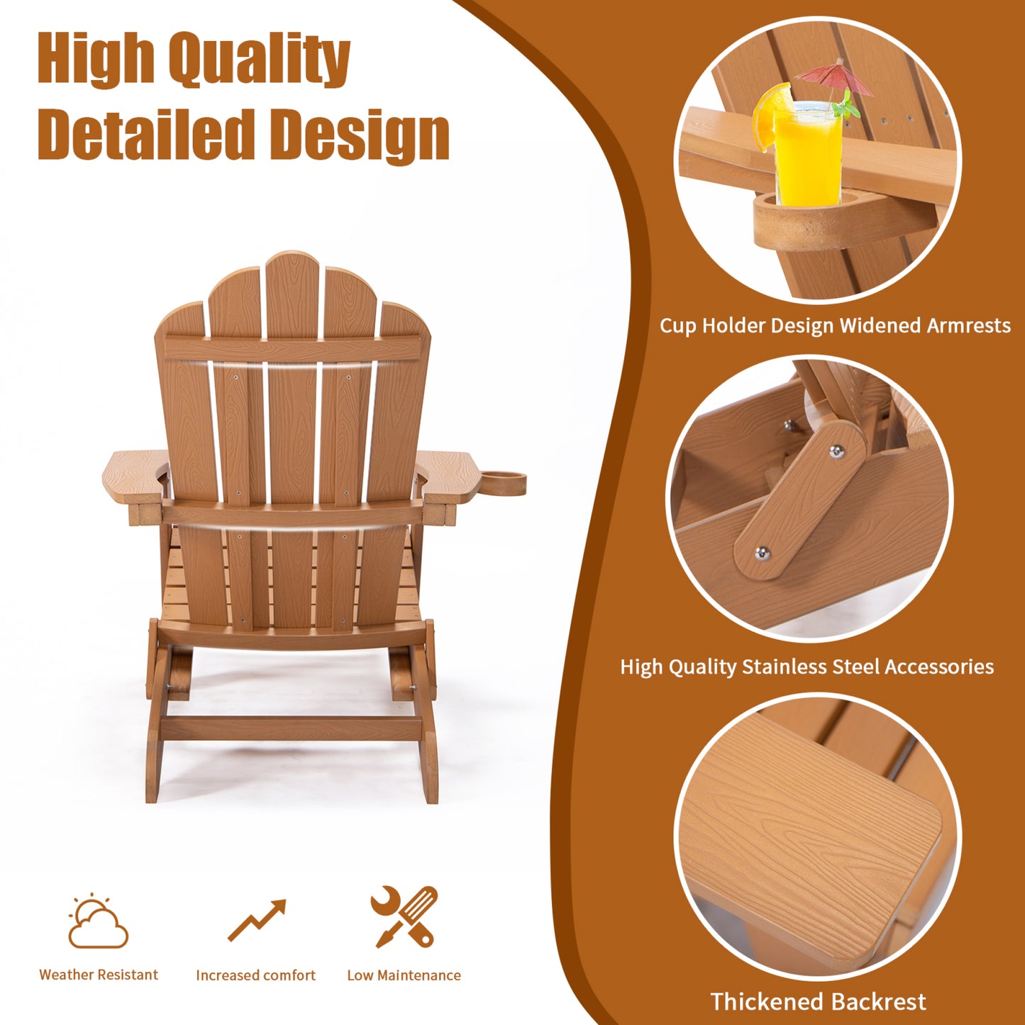 Oversized Folding Adirondack Chair with Pullout Ottoman & Cup Holder, Poly Lumber for Patio, Deck, Garden, Backyard - Easy to Install, Brown