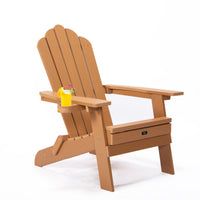 Oversized Folding Adirondack Chair with Pullout Ottoman & Cup Holder, Poly Lumber for Patio, Deck, Garden, Backyard - Easy to Install, Brown