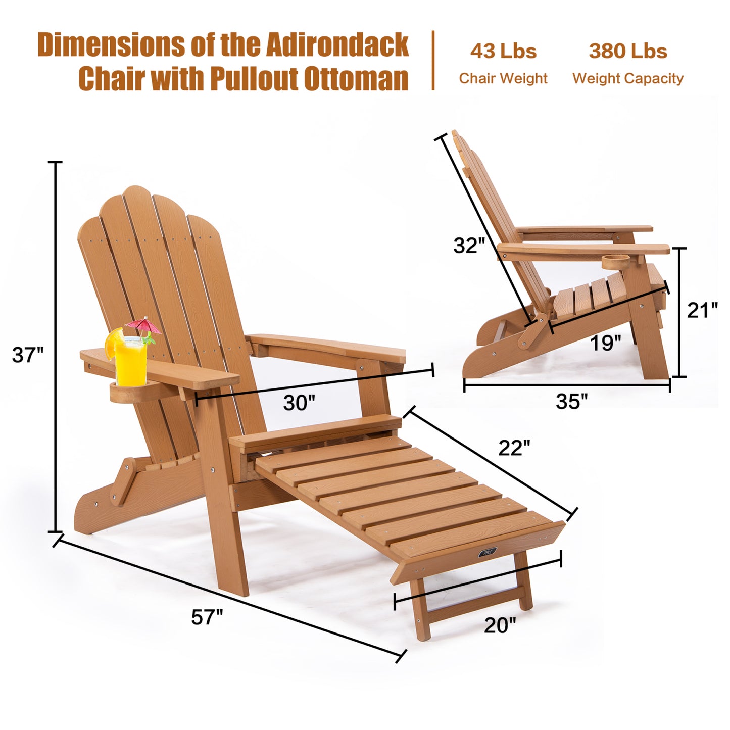 Oversized Folding Adirondack Chair with Pullout Ottoman & Cup Holder, Poly Lumber for Patio, Deck, Garden, Backyard - Easy to Install, Brown